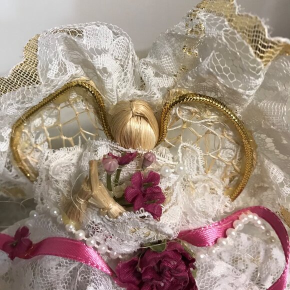 Vintage Lace Angel Tree Topper With Gold Accents & Pink Ribbon 5 Inches Tall - Picture 2 of 8